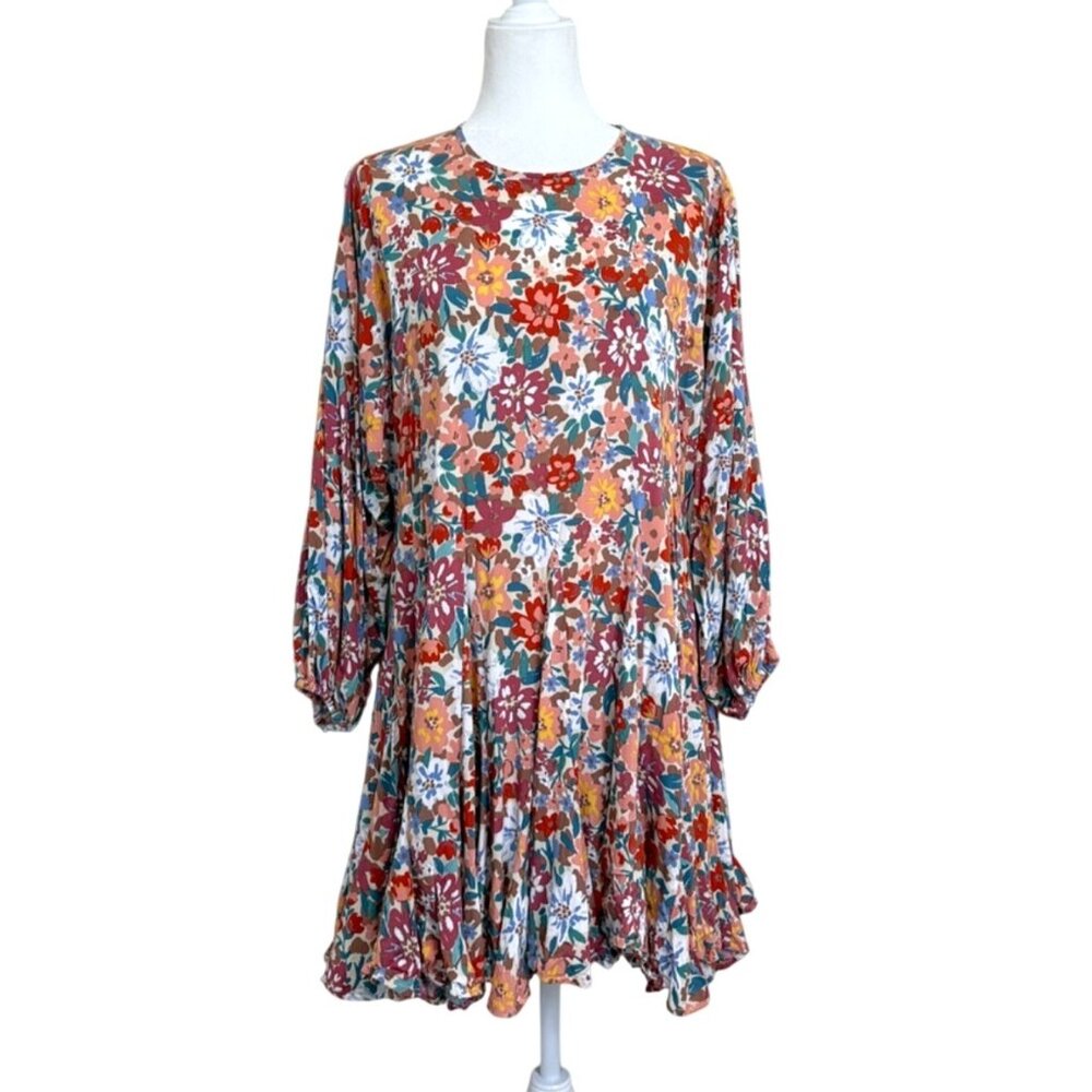 The Impeccable Pig Floral Swing Dress Long-Sleeve Colorful Boho Oversize Size S - Picture 1 of 6